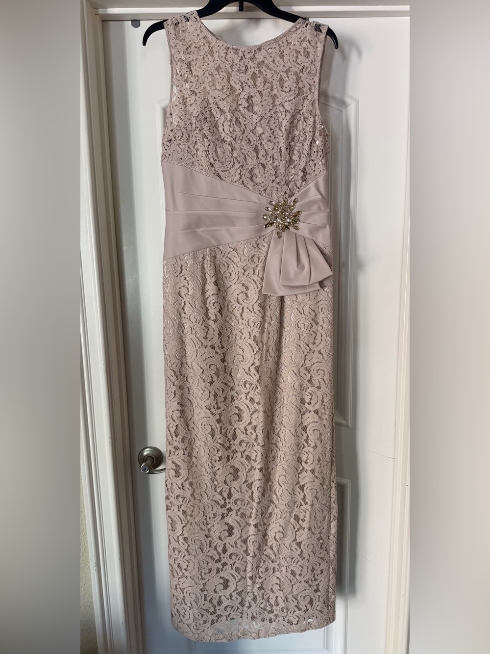 Eliza J Blush Lace Maxi Dress with Jeweled Waist Accent